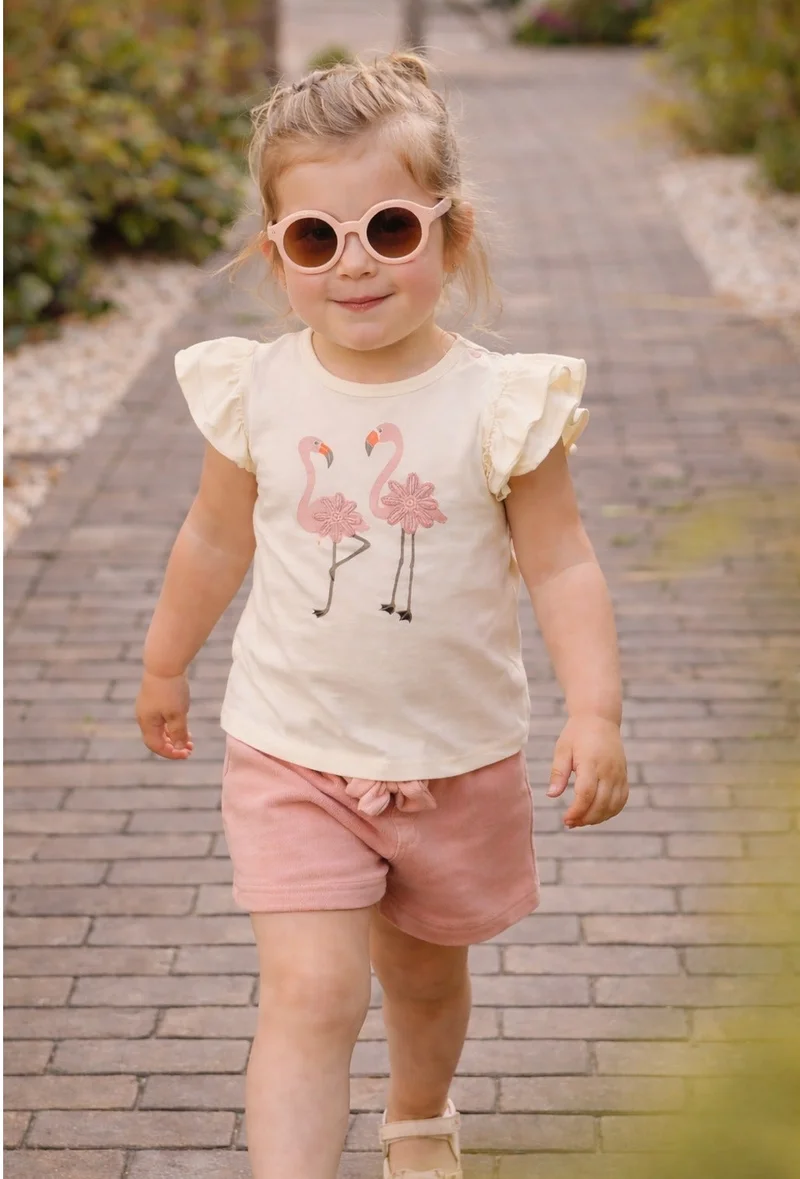 ديركجي طقم فتيات قطعتين احتفال الفلامنجو بلوزة بأكمام مكشكشة وشورت مزين بفيونكة